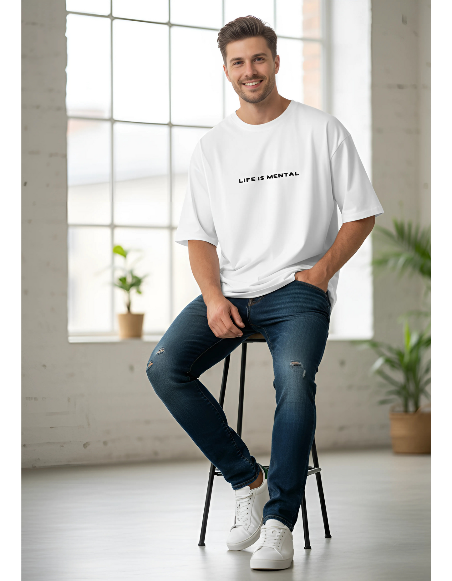Unisex "Life is Mental" Terry Oversized T-Shirt - Drop Shoulder Tee