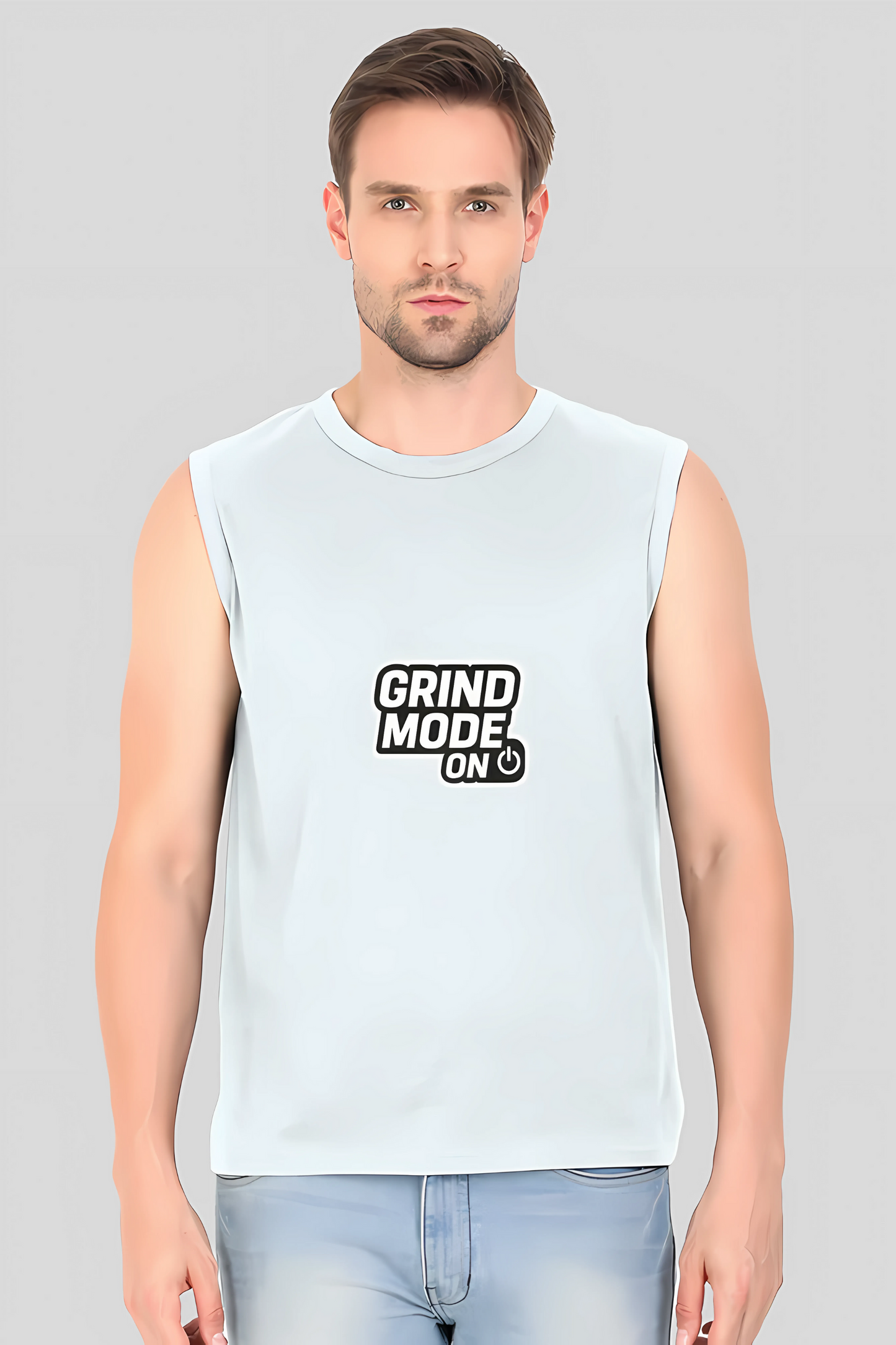 Men’s Sleeveless Cotton Gym T-Shirt | “Grind Mode On” Motivational Print | 180 GSM | Regular Fit | Bio-Washed & Pre-Shrunk