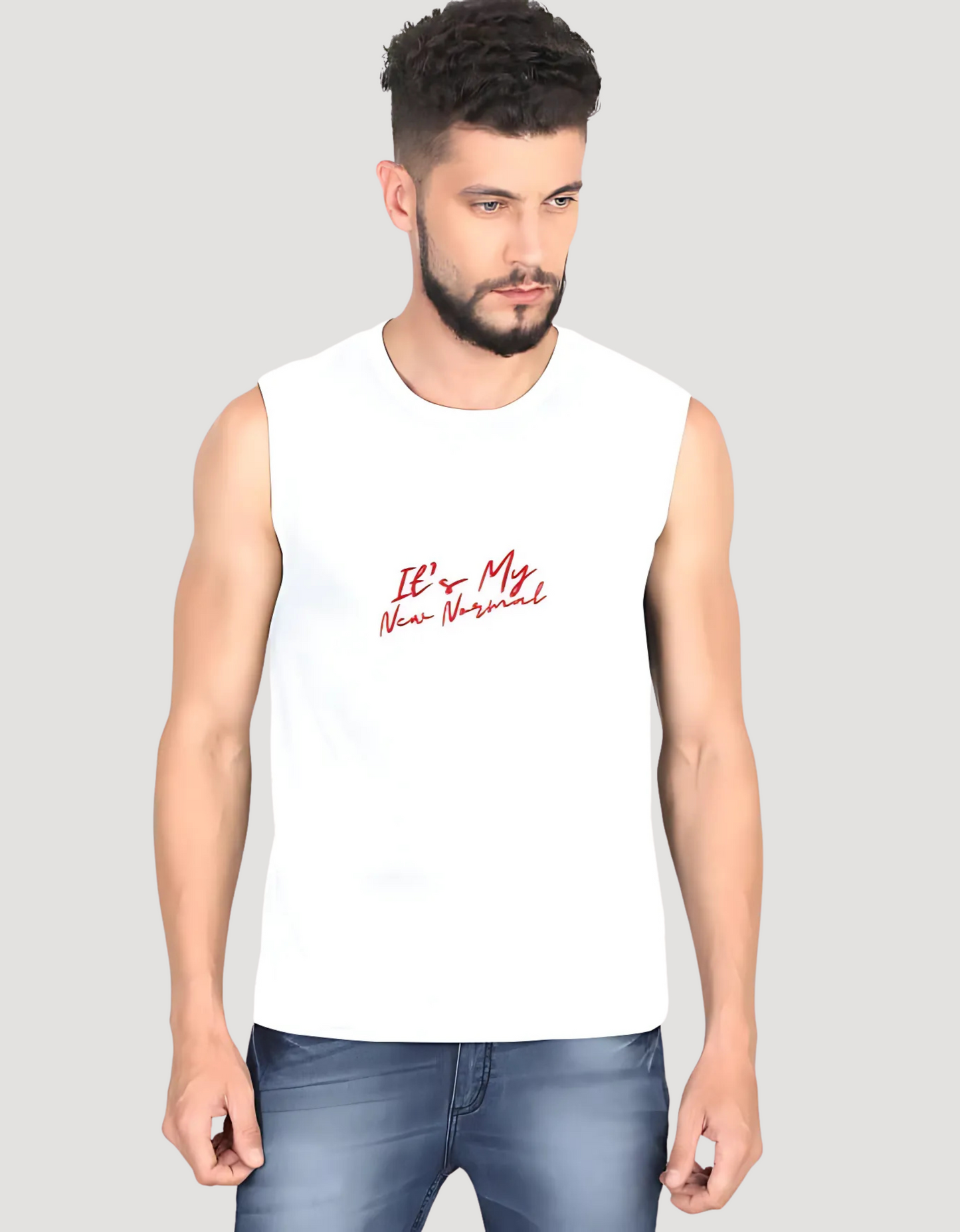 Men’s Sleeveless Cotton T-Shirt – "It’s My New Normal" Print | 180 GSM | Bio-Washed | Regular Fit