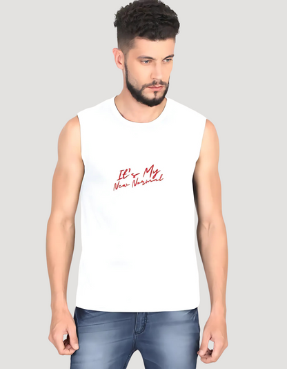 Men’s Sleeveless Cotton T-Shirt – "It’s My New Normal" Print | 180 GSM | Bio-Washed | Regular Fit