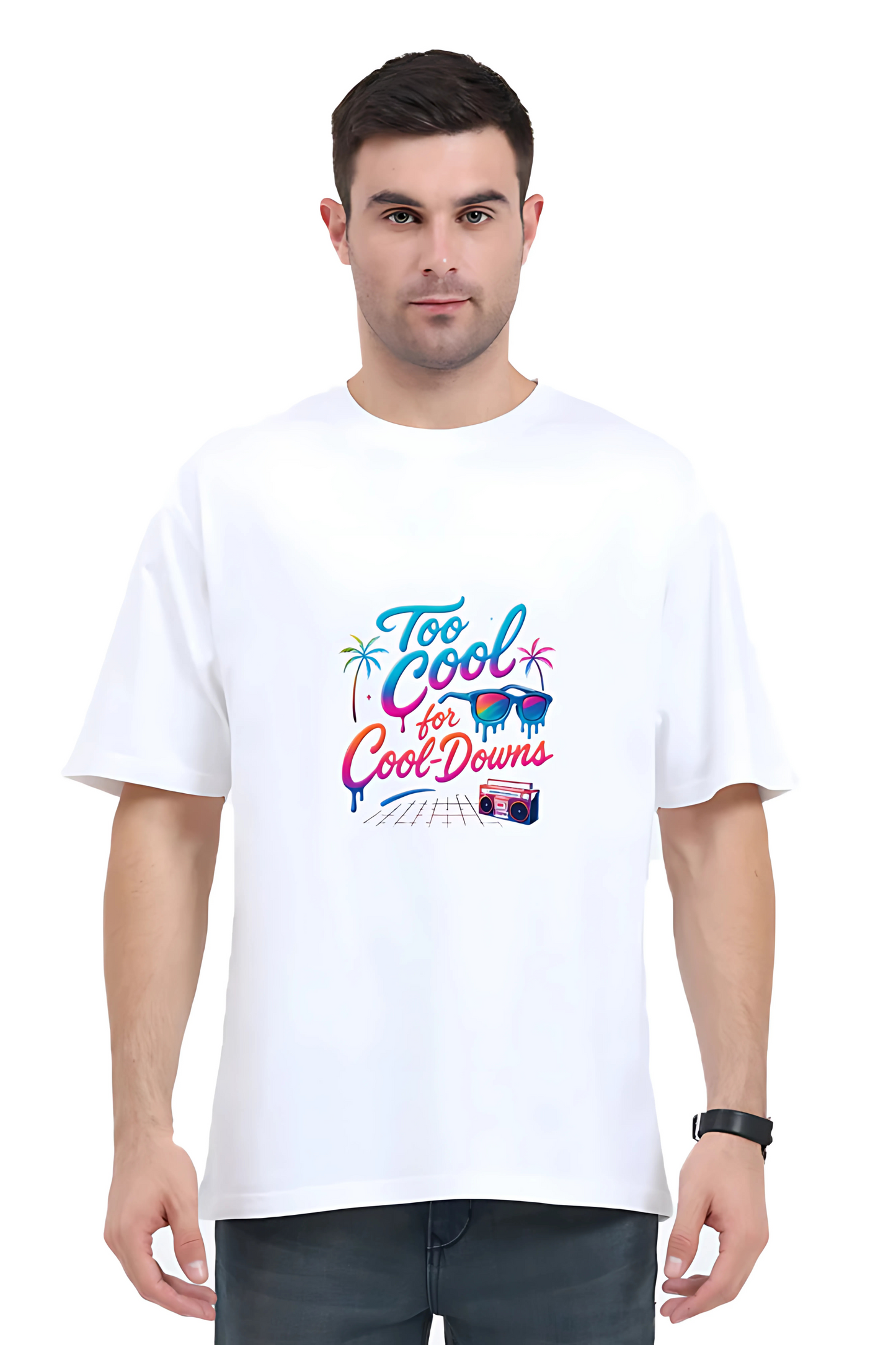 Men’s Oversized T-Shirt – 240 GSM Cotton | “Too Cool for Cool-Downs” Neon Graphic | Unisex Fit | Bio-Washed & Pre-Shrunk
