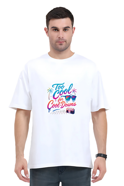 Men’s Oversized T-Shirt – 240 GSM Cotton | “Too Cool for Cool-Downs” Neon Graphic | Unisex Fit | Bio-Washed & Pre-Shrunk