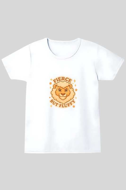 Girls' 100% Cotton T-Shirt for Kids | “Fierce But Fluffy” Cute Lion Print | 180 GSM | Pre-Shrunk | Soft & Bio-Washed