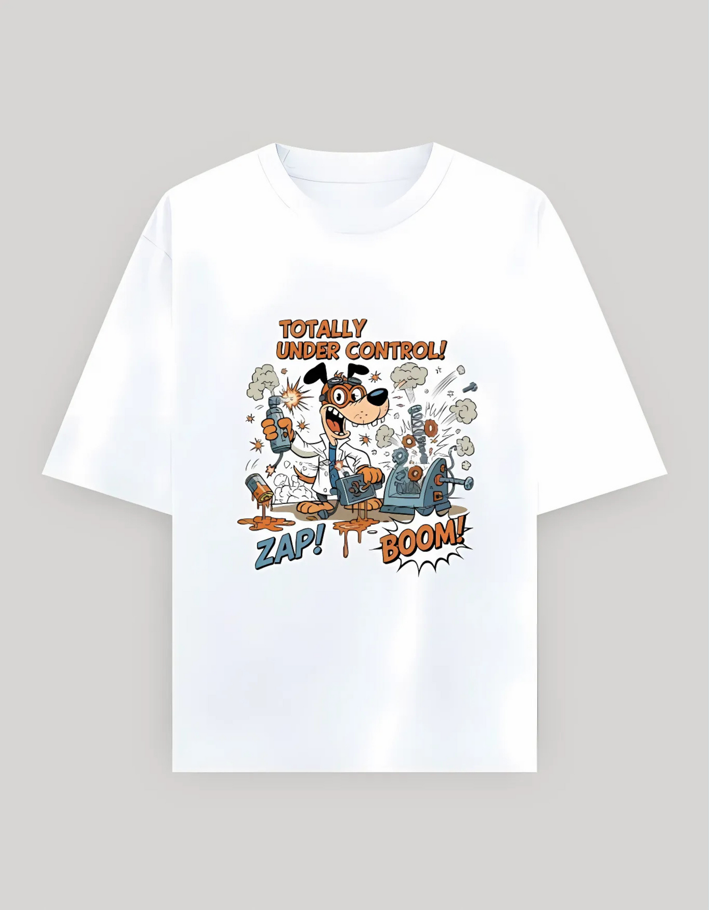 Unisex Oversized Fit Classic T-Shirt – “Totally Under Control!” Cartoon Dog Scientist Print | 240 GSM 100% Cotton, Bio-Washed