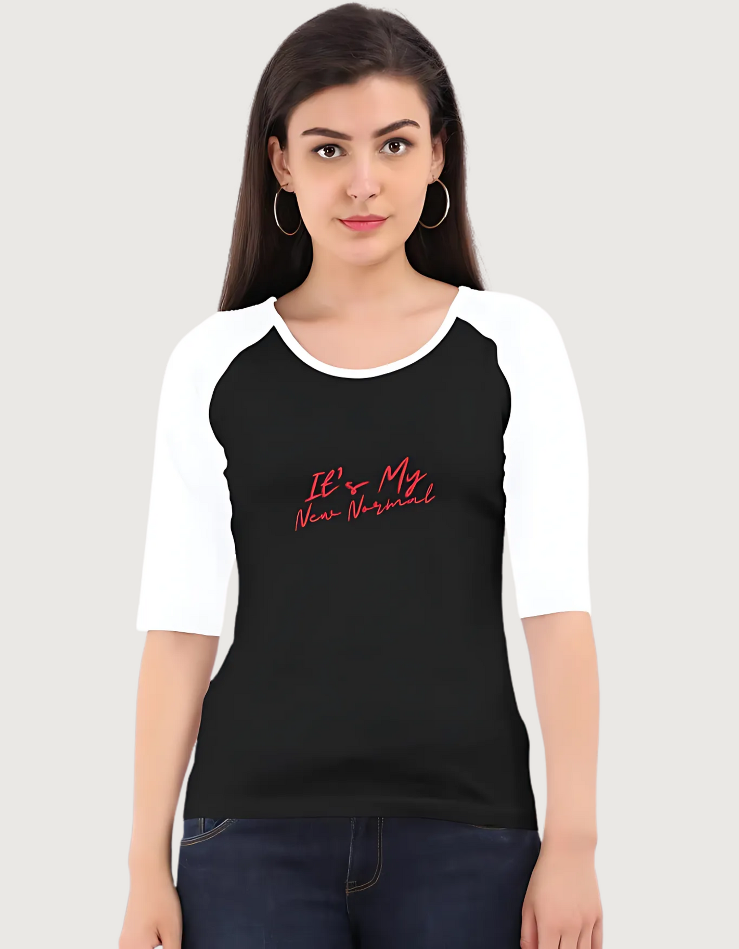 Women’s Black & White Raglan T-Shirt – “It’s My New Normal” Print | 100% Super Combed Cotton | Regular Fit | 180 GSM