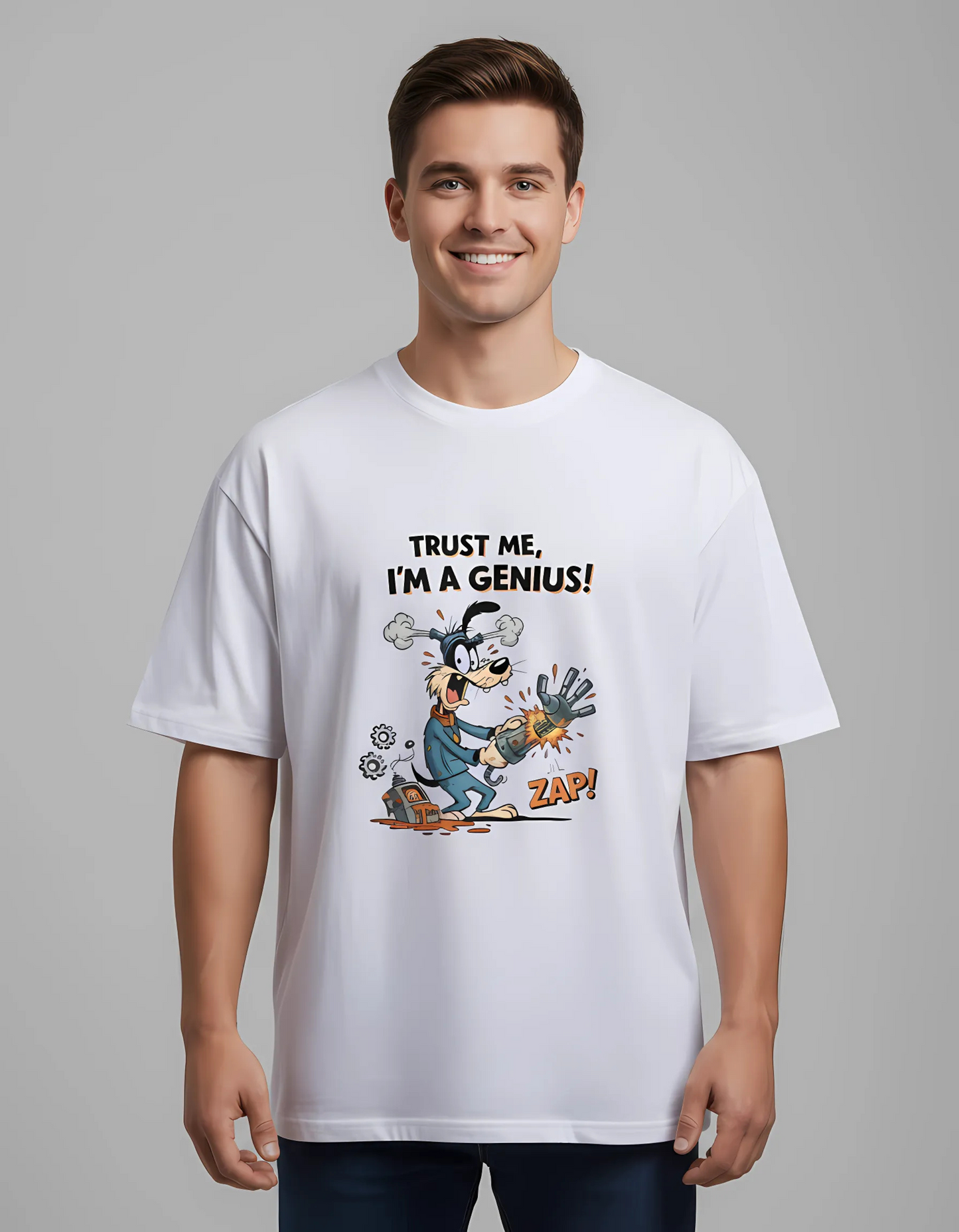 Unisex Oversized T-Shirt – “Trust Me, I'm a Genius!” Cartoon Print | 180 GSM Cotton | Pre-Shrunk | Bold Graphic Streetwear