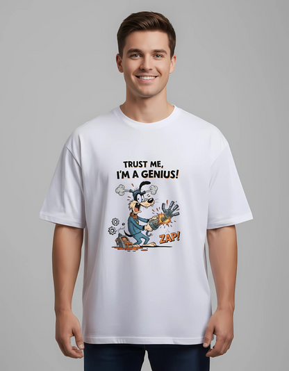 Unisex Oversized T-Shirt – “Trust Me, I'm a Genius!” Cartoon Print | 180 GSM Cotton | Pre-Shrunk | Bold Graphic Streetwear