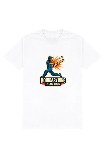 Boundary King in Action Men’s Cotton Crew T-Shirt – 180 GSM | 100% Cotton | Regular Fit | Cricket Graphic Tee