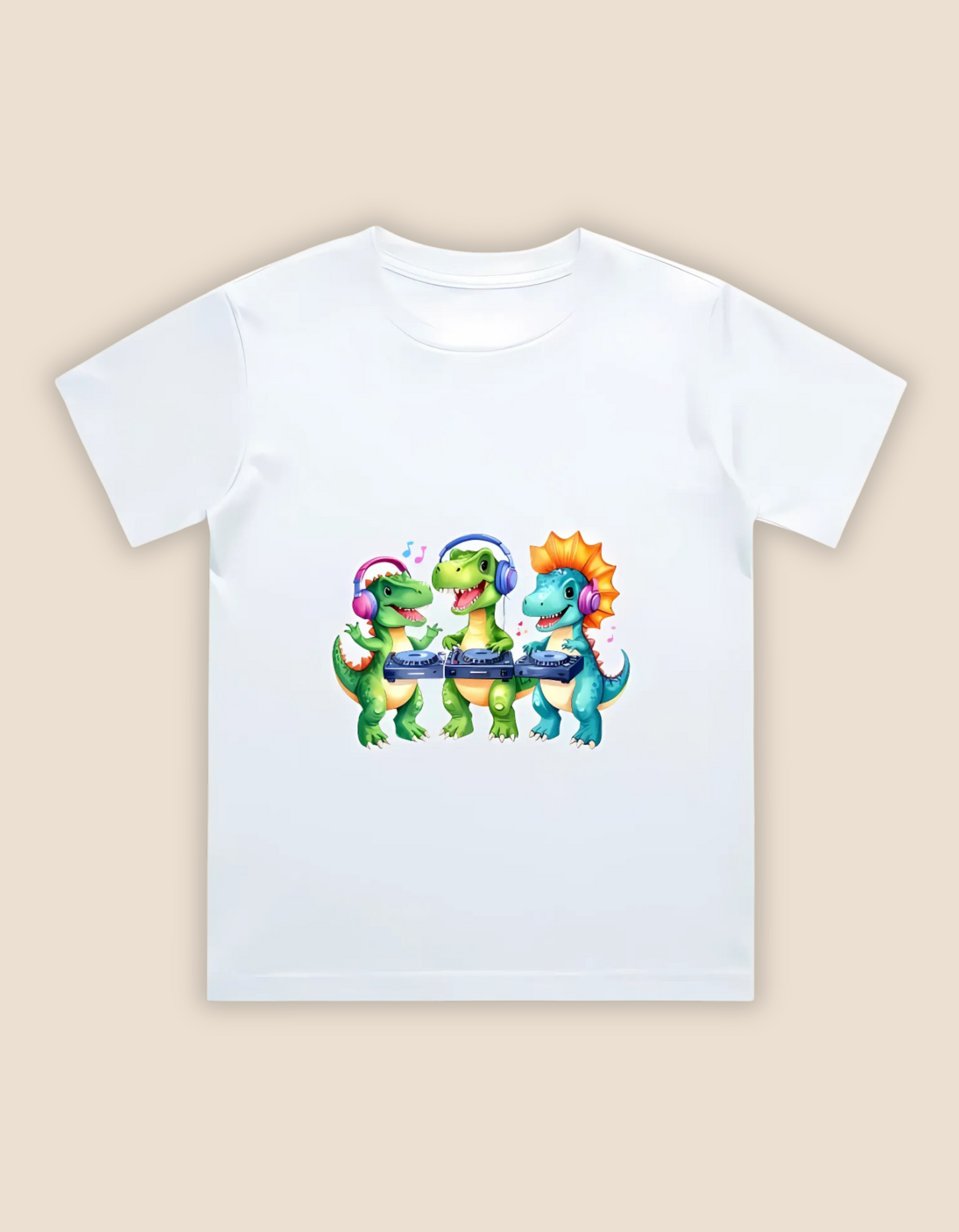 Boys’ Crew Neck T-Shirt – Cute DJ Dinosaurs Print | 180 GSM 100% Cotton, Bio-Washed, Regular Fit