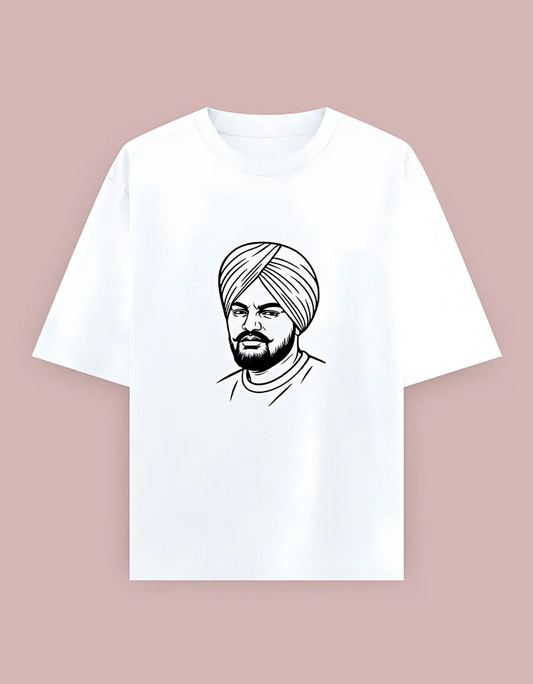 Unisex Oversized Cotton T-Shirt – Sidhu Moosewala Line Art Tribute Print | 240 GSM | 100% Cotton | Punjabi Streetwear