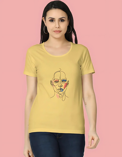 Women’s Classic T-Shirt with Abstract Face Art Print | 180 GSM Super Combed Cotton | Minimal Line Aesthetic Tee