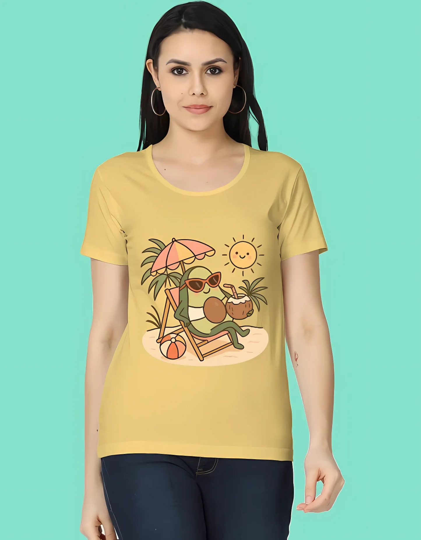 Women’s Classic Fit T-Shirt – Relaxed Avocado Beach Print | 100% Cotton | 180 GSM | Summer Casual Graphic Tee